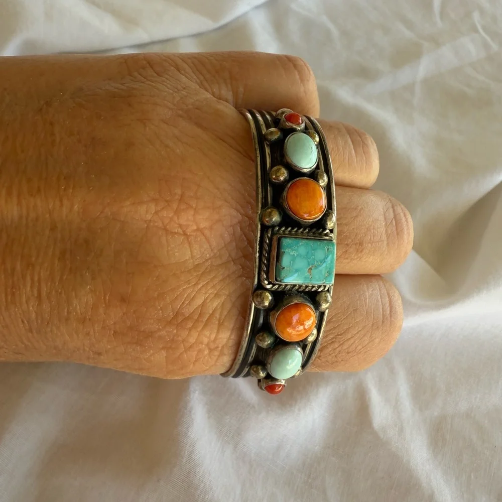 A. Jake Navajo Bracelet Turquoise & Coral Stone Sterling Silver Bracelet 7” NWOT - Picture 7 of 11